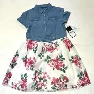 GUESS NWT Girls Size 8 Half Denim Dress And Lined Floral Print With Tie At Waist